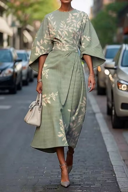 Mira | Damesjurk Zomer - Vloeiende Silhouet, Romantisch Bloemendesign Groen
