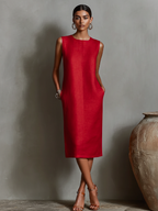 Mira | Damesjurk - Linnen Mouwloos met Zijzakken, Casual Zomerstijl Rood