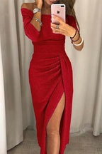 Olivia | Dames Midi-jurk - Off-shoulder met Ruches en Split Rood
