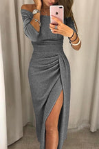 Olivia | Dames Midi-jurk - Off-shoulder met Ruches en Split Grijs