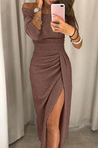 Olivia | Dames Midi-jurk - Off-shoulder met Ruches en Split Bruin