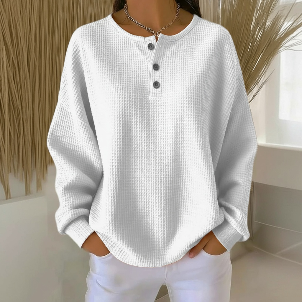 Inspire | Dames Sweatshirt van Wafelstof met Knoopsluiting - Comfortabele Wafelbrei Henley Sweater met Knopen