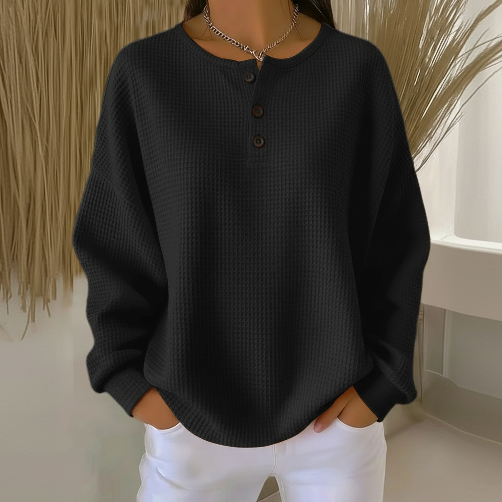 Inspire | Dames Sweatshirt van Wafelstof met Knoopsluiting - Comfortabele Wafelbrei Henley Sweater met Knopen