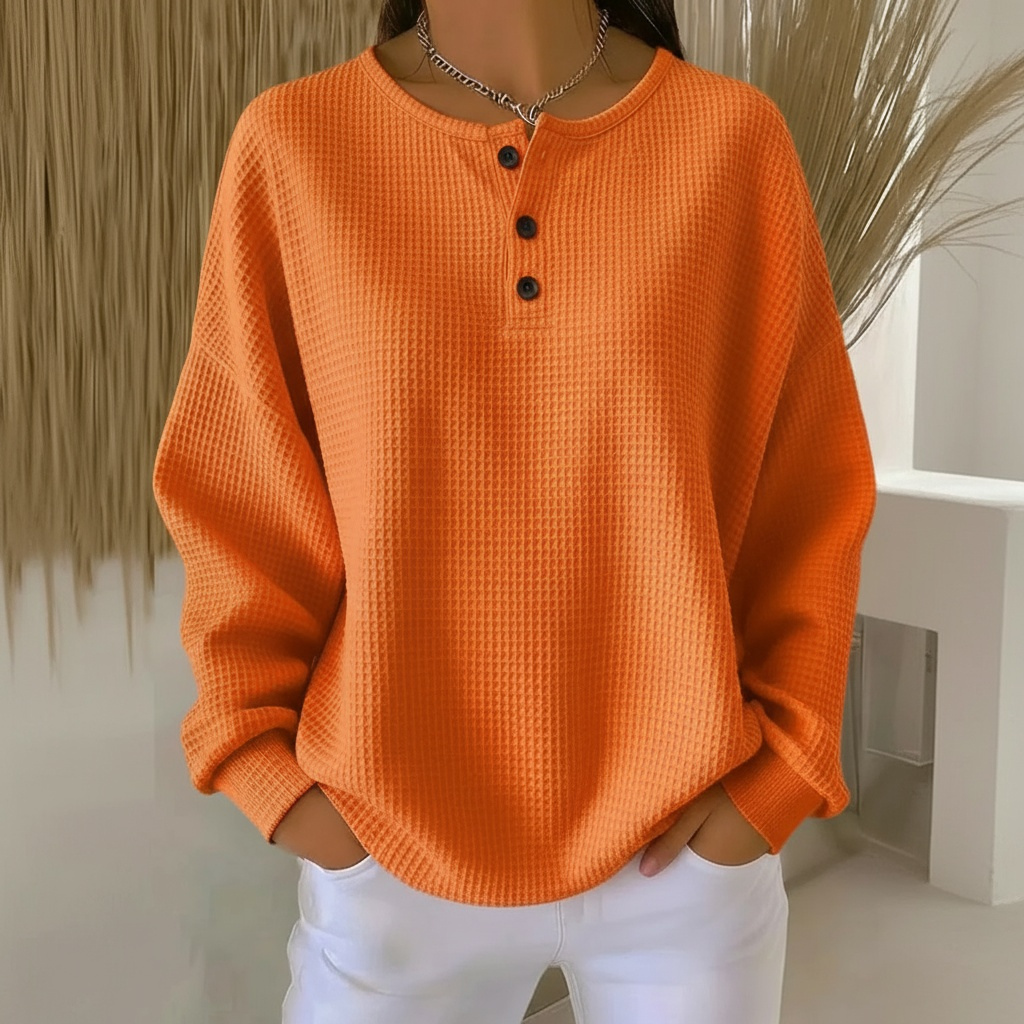 Inspire | Dames Sweatshirt van Wafelstof met Knoopsluiting - Comfortabele Wafelbrei Henley Sweater met Knopen