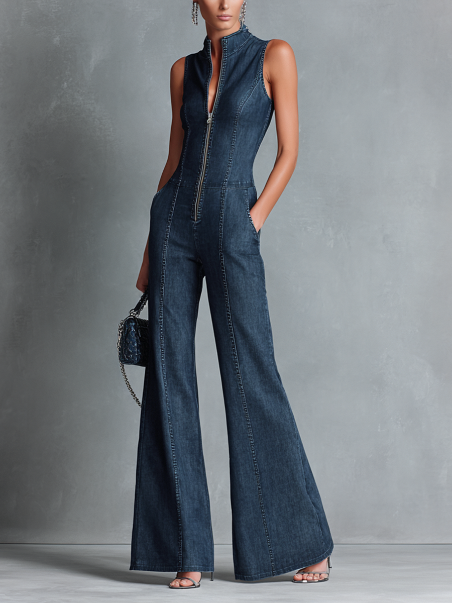 Rina | Dames Jumpsuit - Donkerblauw Denim, Mouwloos, Feestelijk Stijl