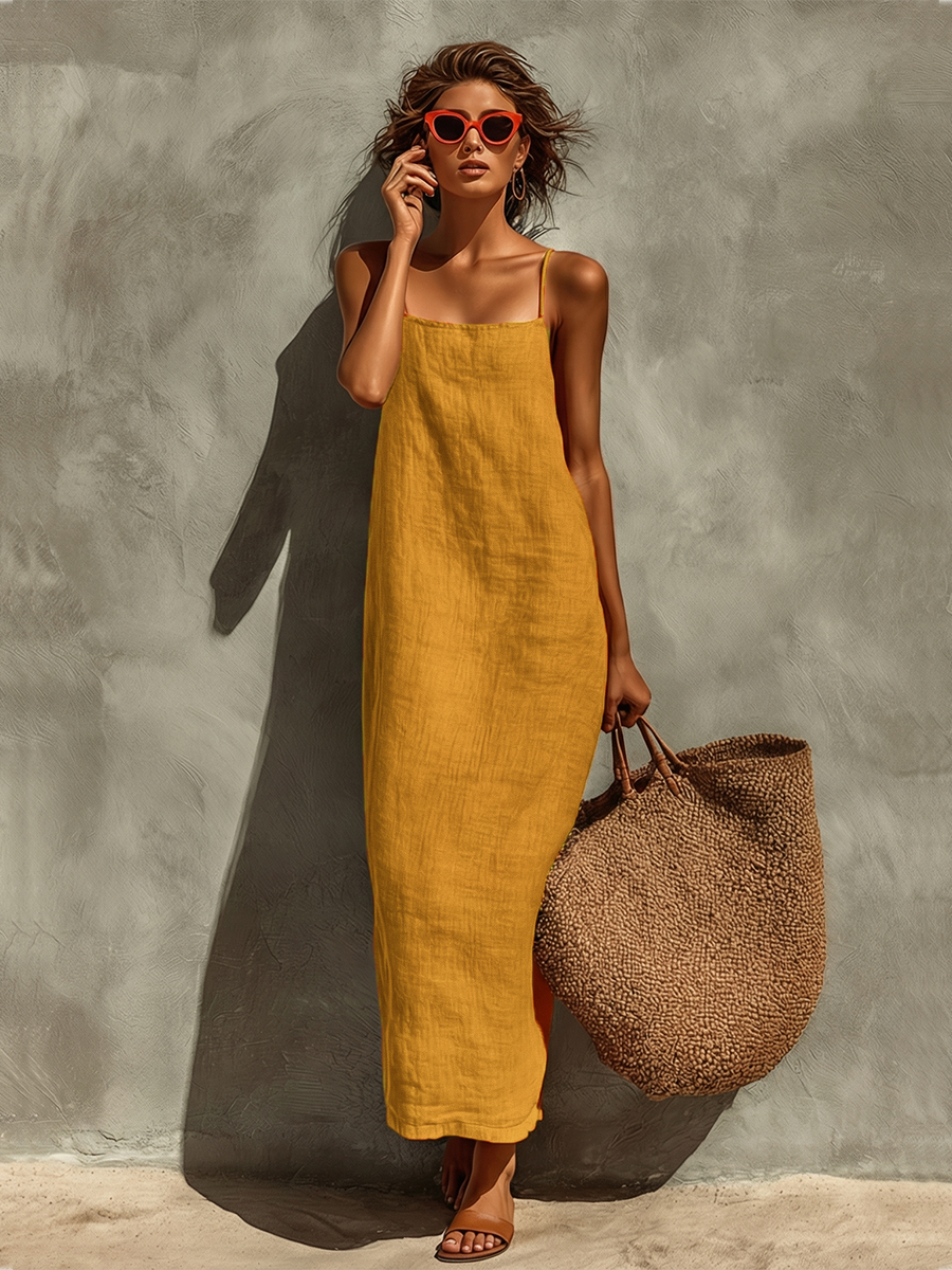 Eline | Boho Damesjurk - Spaghettibandjes Maxi Zomerjurk Geel