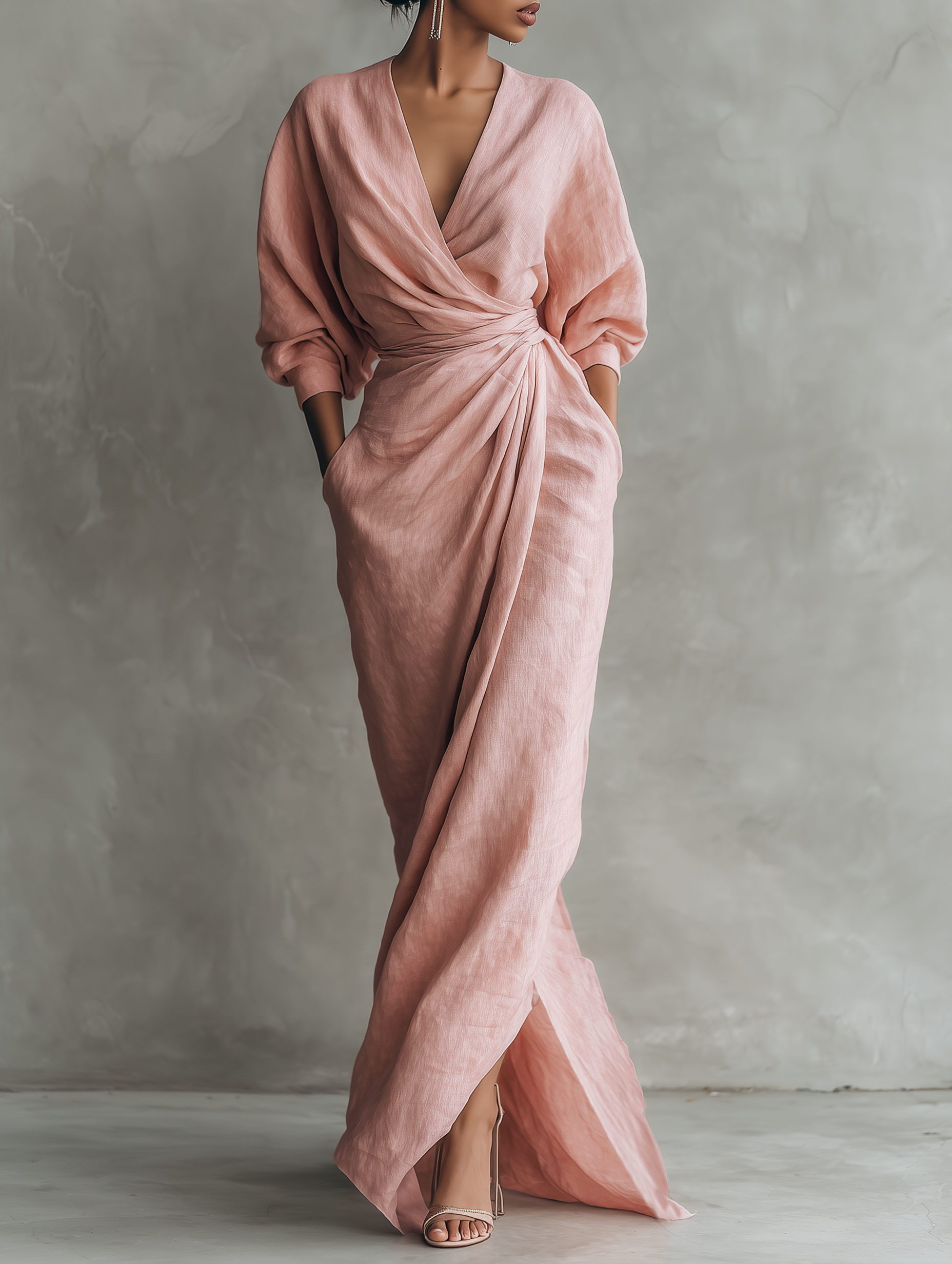 Rosa | Dames Maxi Jurk - Linnenmix, Minimalistisch V-Hals Design Roze