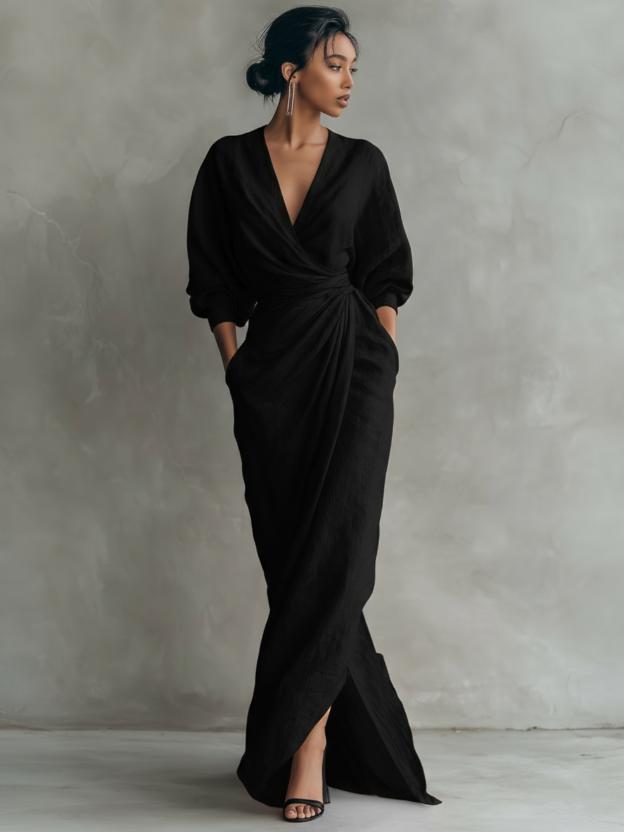 Rosa | Dames Maxi Jurk - Linnenmix, Minimalistisch V-Hals Design Zwart