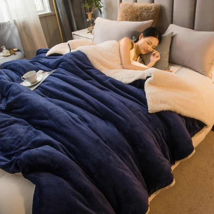 Dubbelzijdige Flanel & Fleece Plaid – Zachte Warme Deken voor Bed en Bank, 12 Kleuren, 5 Maten Marineblauw