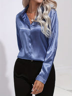 Samantha | Dames Blouse - Luxe Satijn, Lange Mouwen Blauw