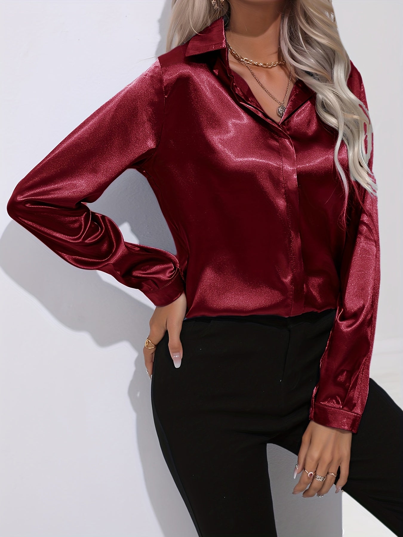 Samantha | Dames Blouse - Luxe Satijn, Lange Mouwen Donkerrood