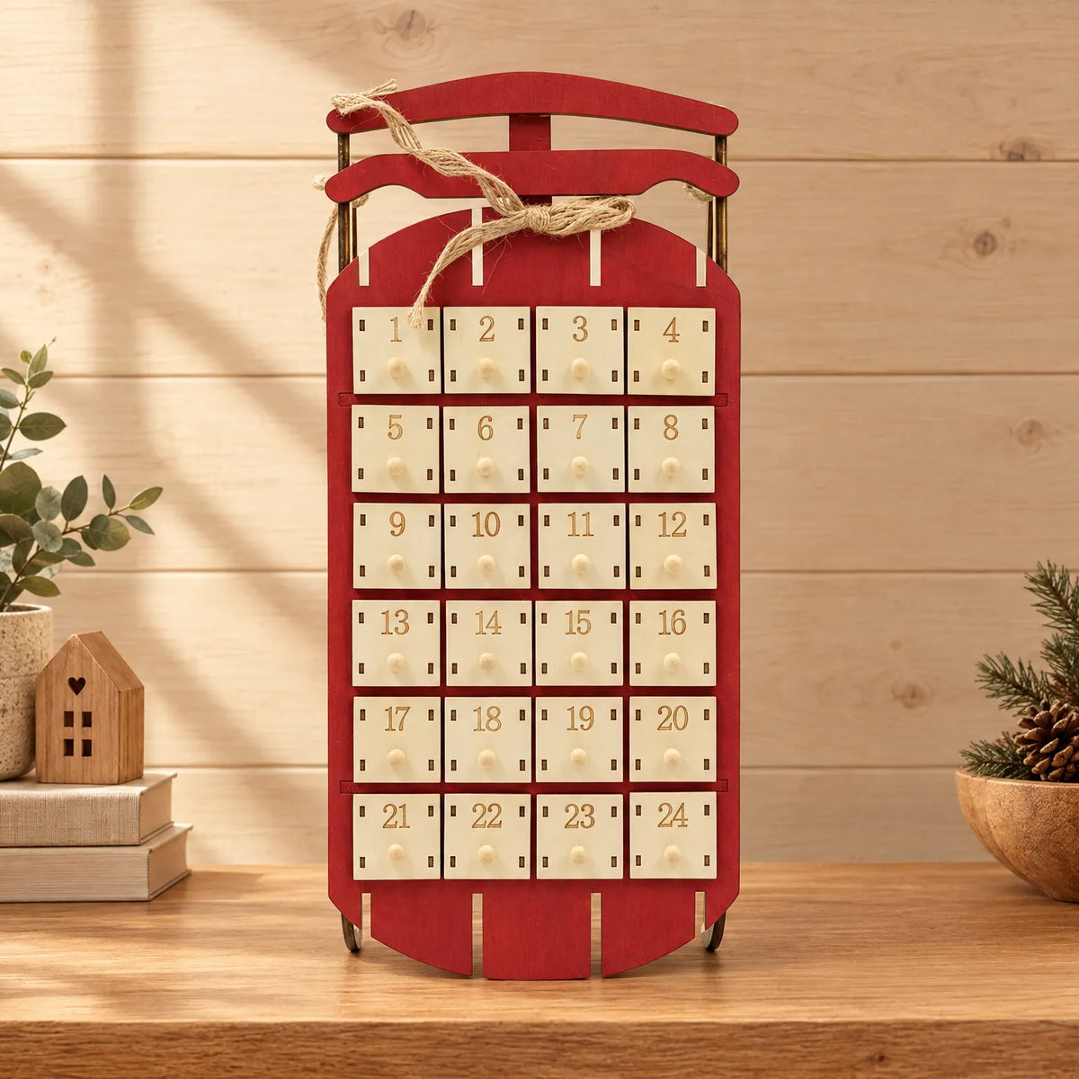 Houten Adventskalender Slee – Herbruikbare Arrenslee met Laatjes om te Vullen & Op te Hangen