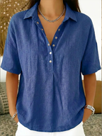 Tessa | Blouse Dames - Wit Katoenmix - V-Hals Korte Mouwen Blauw