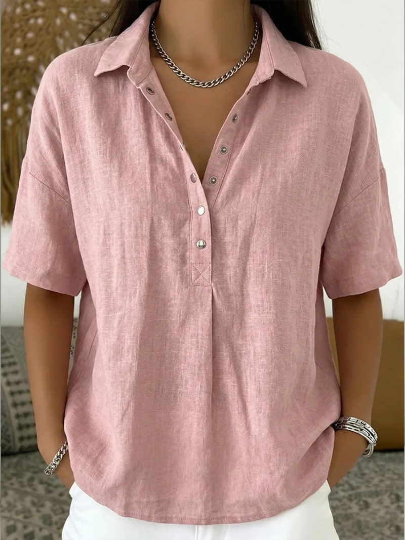Tessa | Blouse Dames - Wit Katoenmix - V-Hals Korte Mouwen Roze