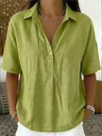 Tessa | Blouse Dames - Wit Katoenmix - V-Hals Korte Mouwen Groen