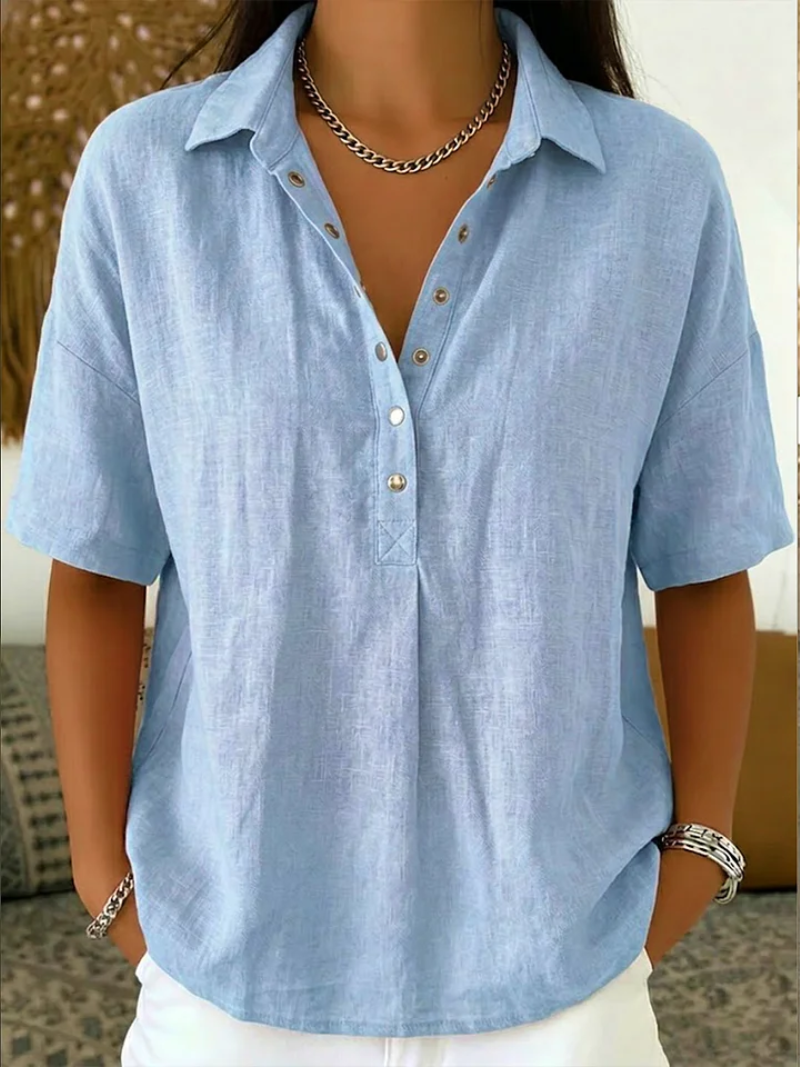 Tessa | Blouse Dames - Wit Katoenmix - V-Hals Korte Mouwen Lichtblauw