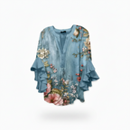 Tina | Dames Blouse - Elegante Stijl met V-Hals en Ruches Blauwe Bloem