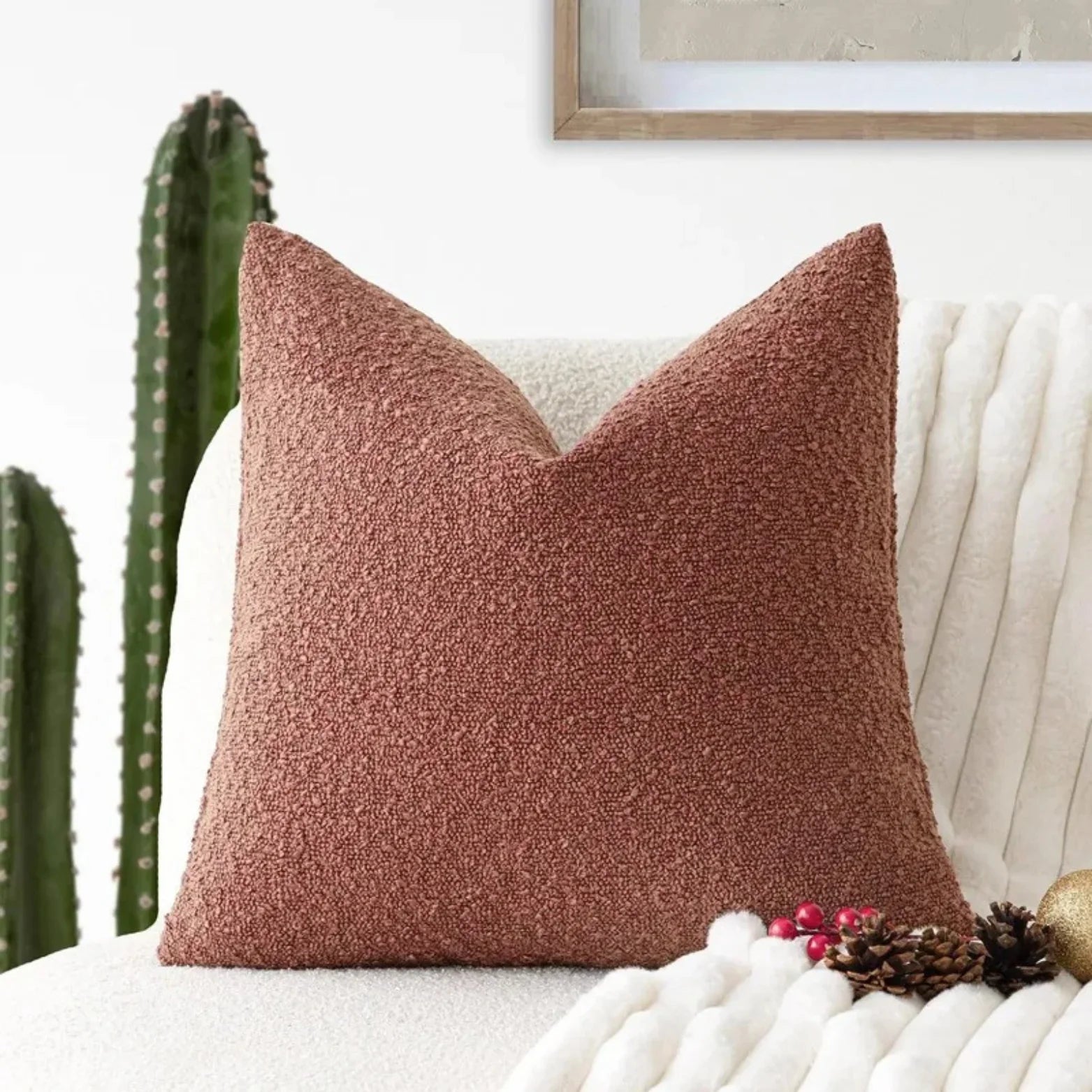 Tulum Kussenhoes van Luxe Bouclé-Stof – 45x45 cm voor Elegante Interieurs in Neutrale Kleur Oranje Roest Rood