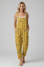 Sasha | Jumpsuit Dames - Vintage Bijenprint Casual Geel - Kleine Bijen
