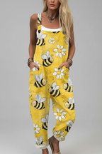 Sasha | Jumpsuit Dames - Vintage Bijenprint Casual Geel - Grote Bijen