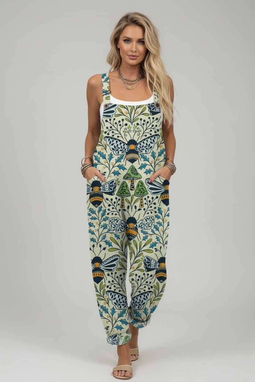 Sasha | Jumpsuit Dames - Vintage Bijenprint Casual Groen - Bijenprint