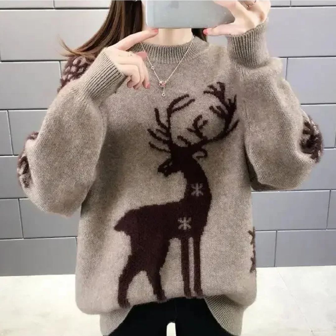 Kersttrui Dames – Losvallende Trui met Feestelijke Kerstprint, 3 Kleuren, S–3XL, Comfortabel & Stijlvol – Amore Grijs
