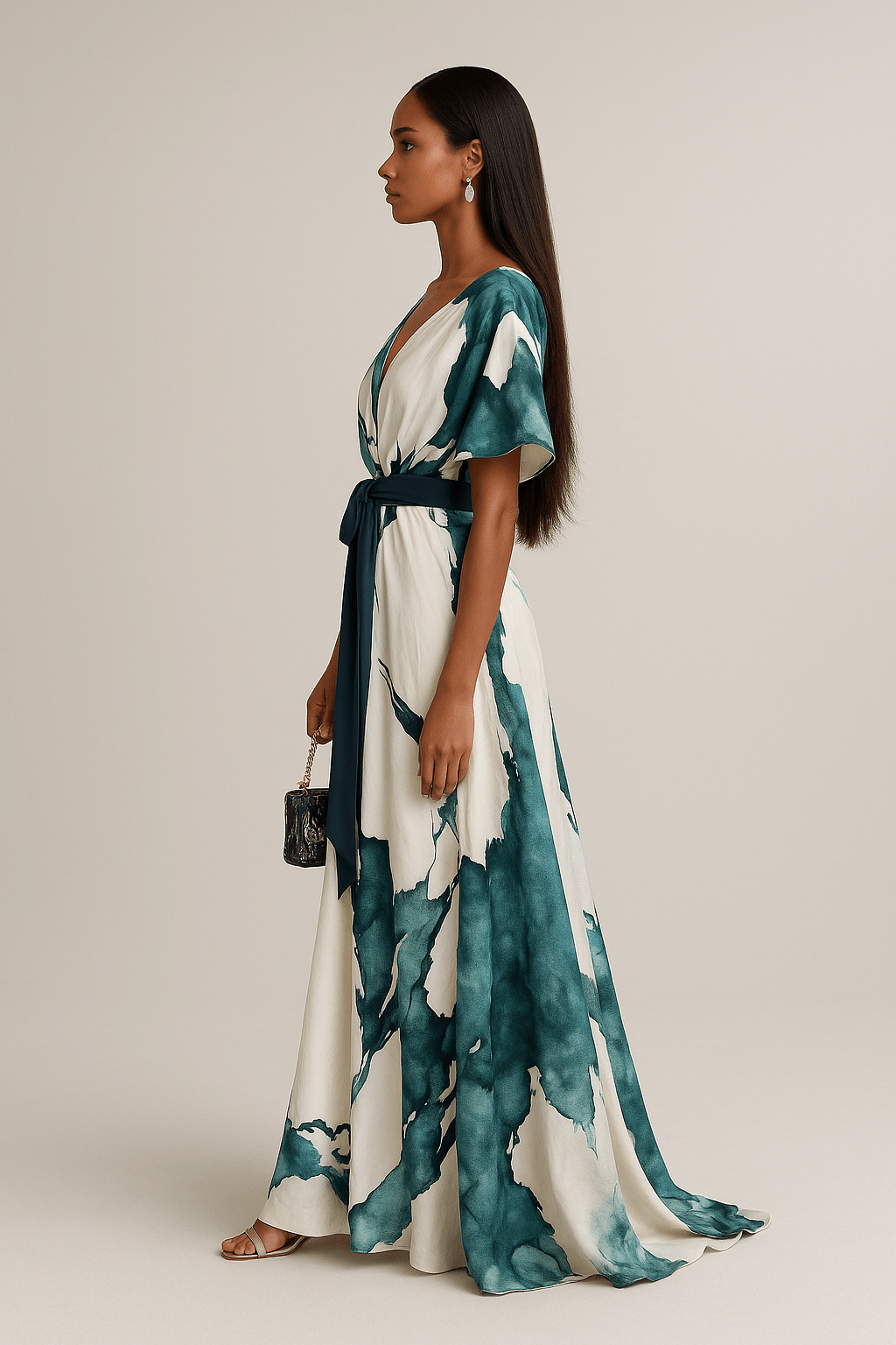 Wina | Dames Maxi Jurk - Lichtgewicht Aquarelprint, V-Halslijn