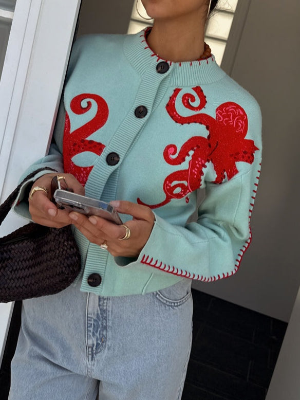 Tasana | Uniek Dames Gebreid Vest met Octopus Patroon - Vintage Jacquard Cardigan met Zee Motief en Knoopsluiting