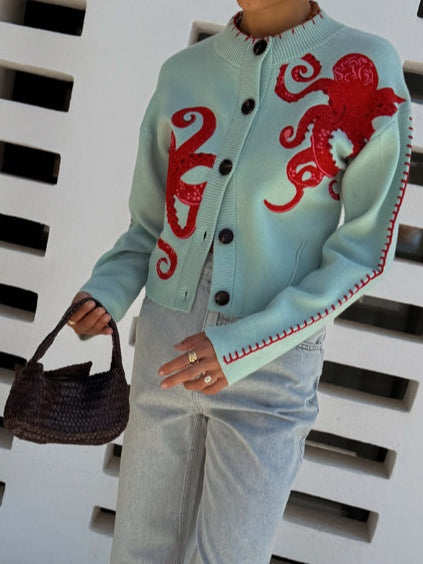 Tasana | Uniek Dames Gebreid Vest met Octopus Patroon - Vintage Jacquard Cardigan met Zee Motief en Knoopsluiting