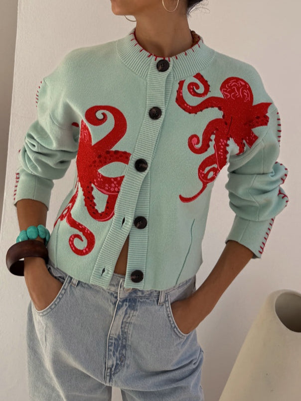 Tasana | Uniek Dames Gebreid Vest met Octopus Patroon - Vintage Jacquard Cardigan met Zee Motief en Knoopsluiting