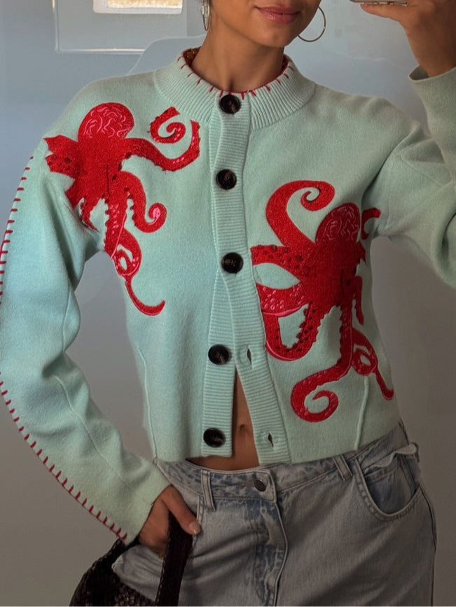 Tasana | Uniek Dames Gebreid Vest met Octopus Patroon - Vintage Jacquard Cardigan met Zee Motief en Knoopsluiting