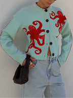 Tasana | Uniek Dames Gebreid Vest met Octopus Patroon - Vintage Jacquard Cardigan met Zee Motief en Knoopsluiting