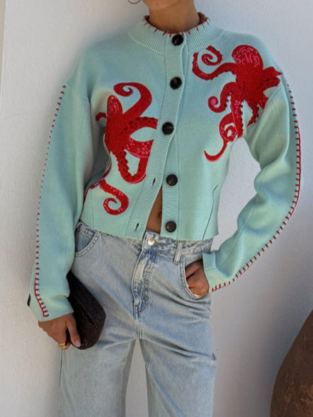 Tasana | Uniek Dames Gebreid Vest met Octopus Patroon - Vintage Jacquard Cardigan met Zee Motief en Knoopsluiting