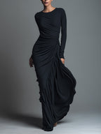 Zara | Dames Maxi Jurk - Jersey met Ruches, Lange Mouwen Zwart