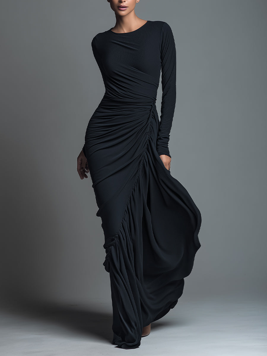 Zara | Dames Maxi Jurk - Jersey met Ruches, Lange Mouwen Zwart