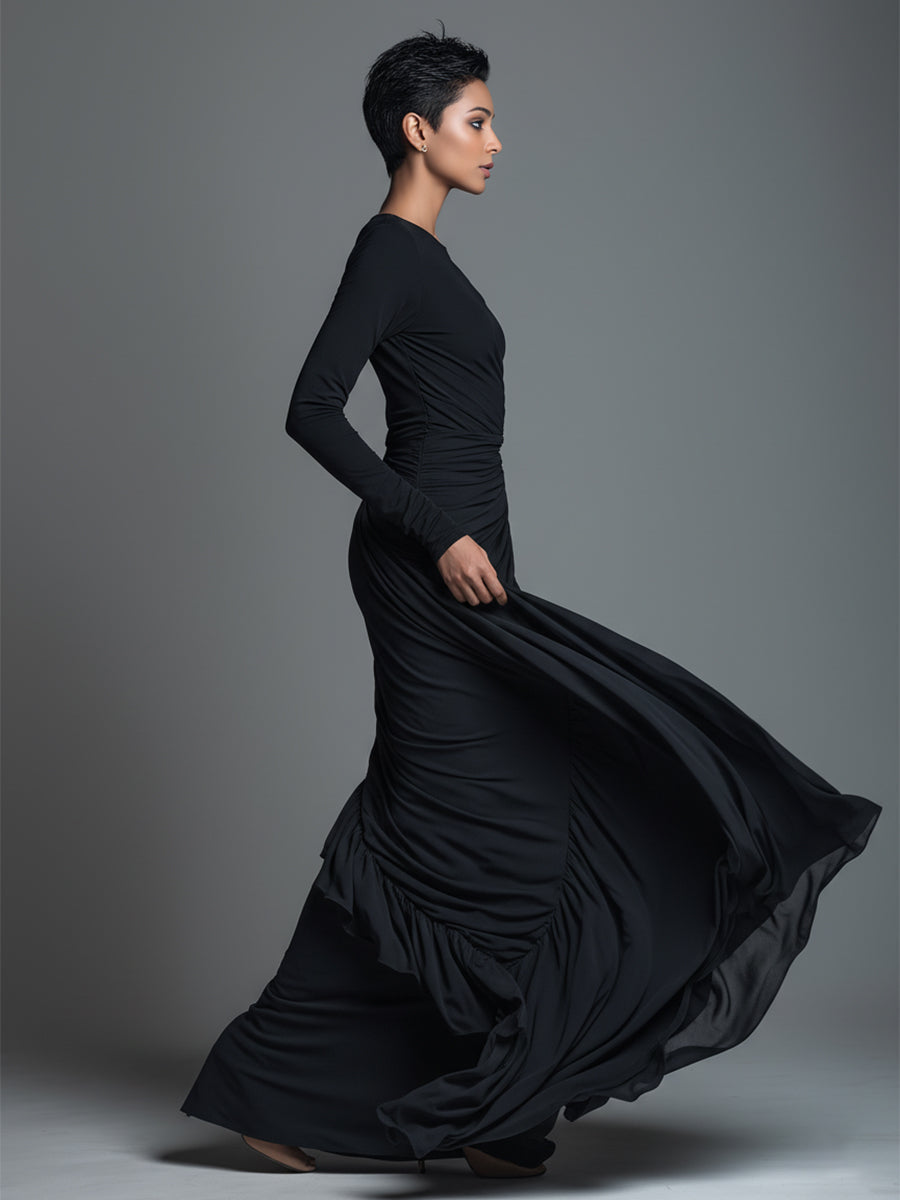 Zara | Dames Maxi Jurk - Jersey met Ruches, Lange Mouwen