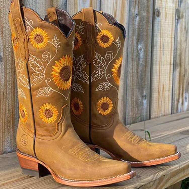 Damen Bestickte Sonnenblumen Cowboystiefel