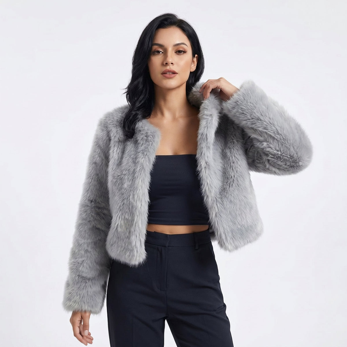 Damen Kurz Kunstpelz Cardigan Jacke - Apricot