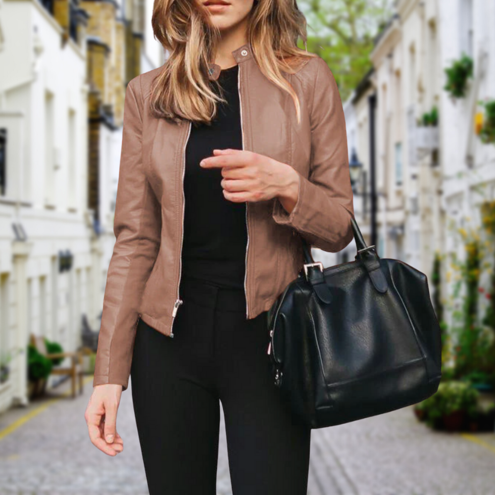 Umami | Stijlvol Dames Bikerjack met Asymmetrische Ritssluiting - Kort Leren Look Motorjack met Reverskraag en Zakken