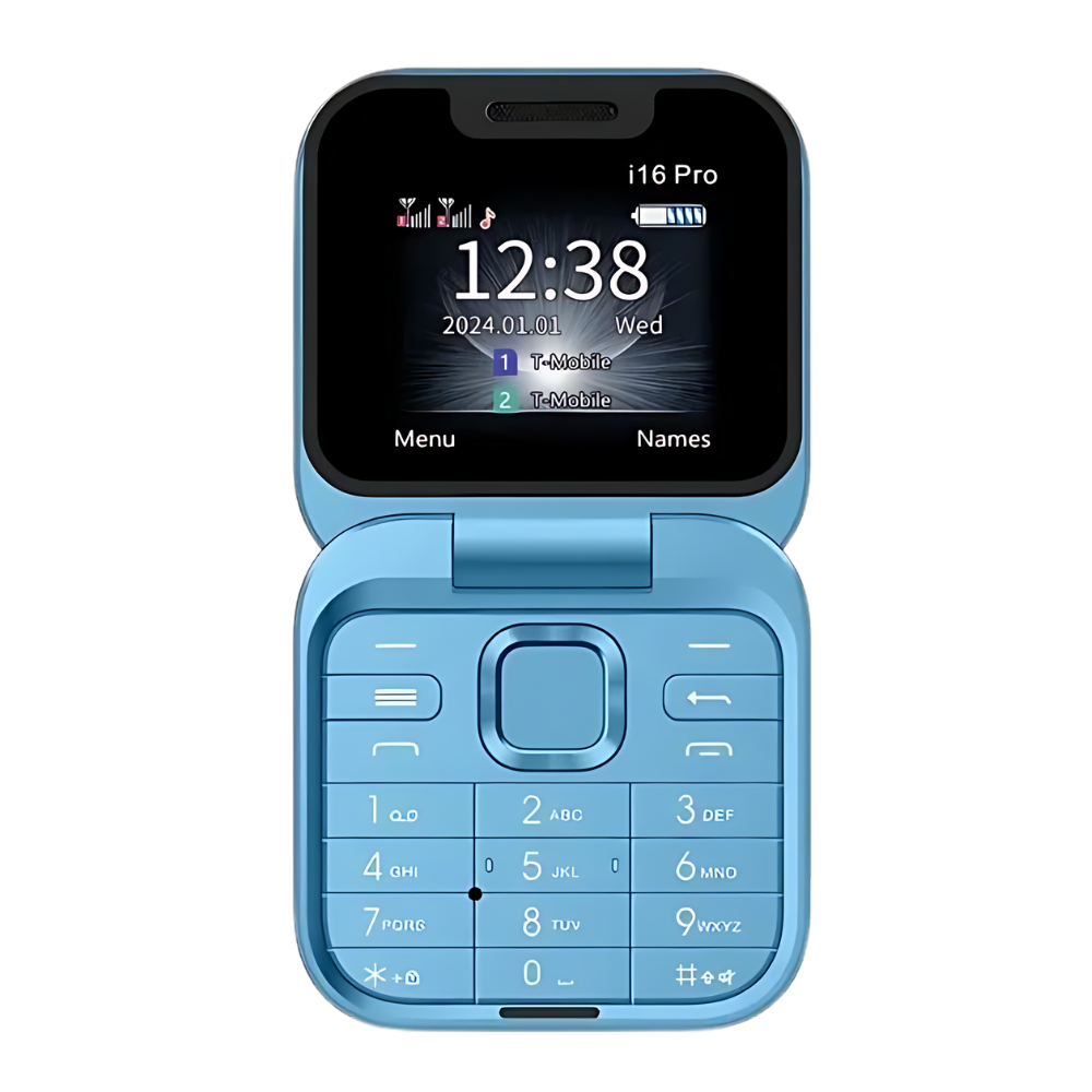 Compacte Klaptelefoon Dual-sim – Mini Opvouwbare Mobiele Telefoon met HD Camera & Muziekspeler, Lange Batterijduur – FlexFold i16 Pro Blauw