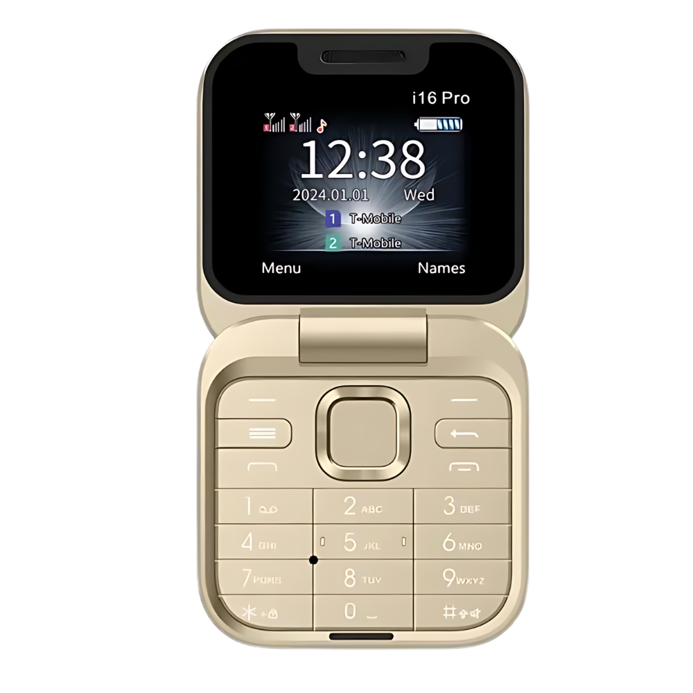 Compacte Klaptelefoon Dual-sim – Mini Opvouwbare Mobiele Telefoon met HD Camera & Muziekspeler, Lange Batterijduur – FlexFold i16 Pro Goud
