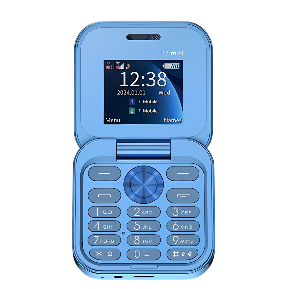 Compacte Klaptelefoon Dual-sim – Mini Opvouwbare Mobiele Telefoon met HD Camera & Muziekspeler, Lange Batterijduur – FlexFold i17 Pro Blauw