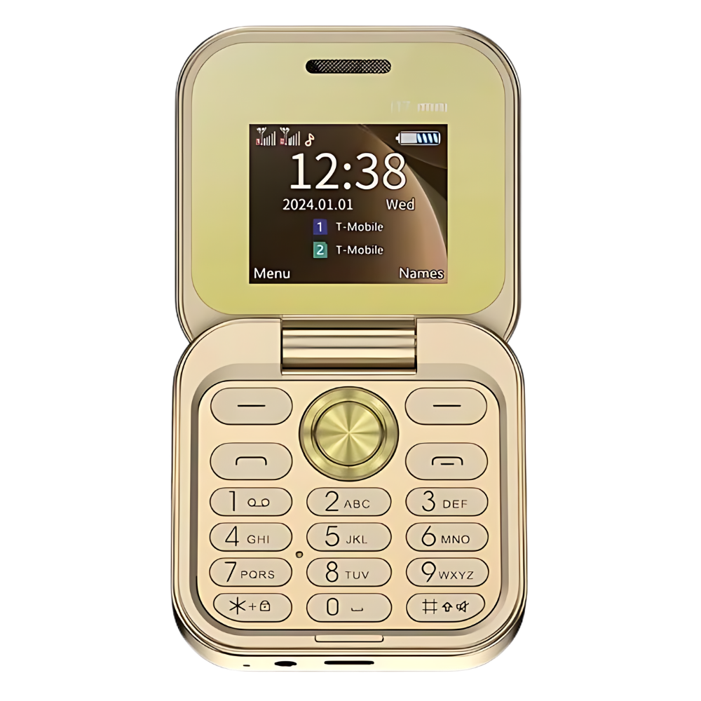 Compacte Klaptelefoon Dual-sim – Mini Opvouwbare Mobiele Telefoon met HD Camera & Muziekspeler, Lange Batterijduur – FlexFold i17 Pro Goud
