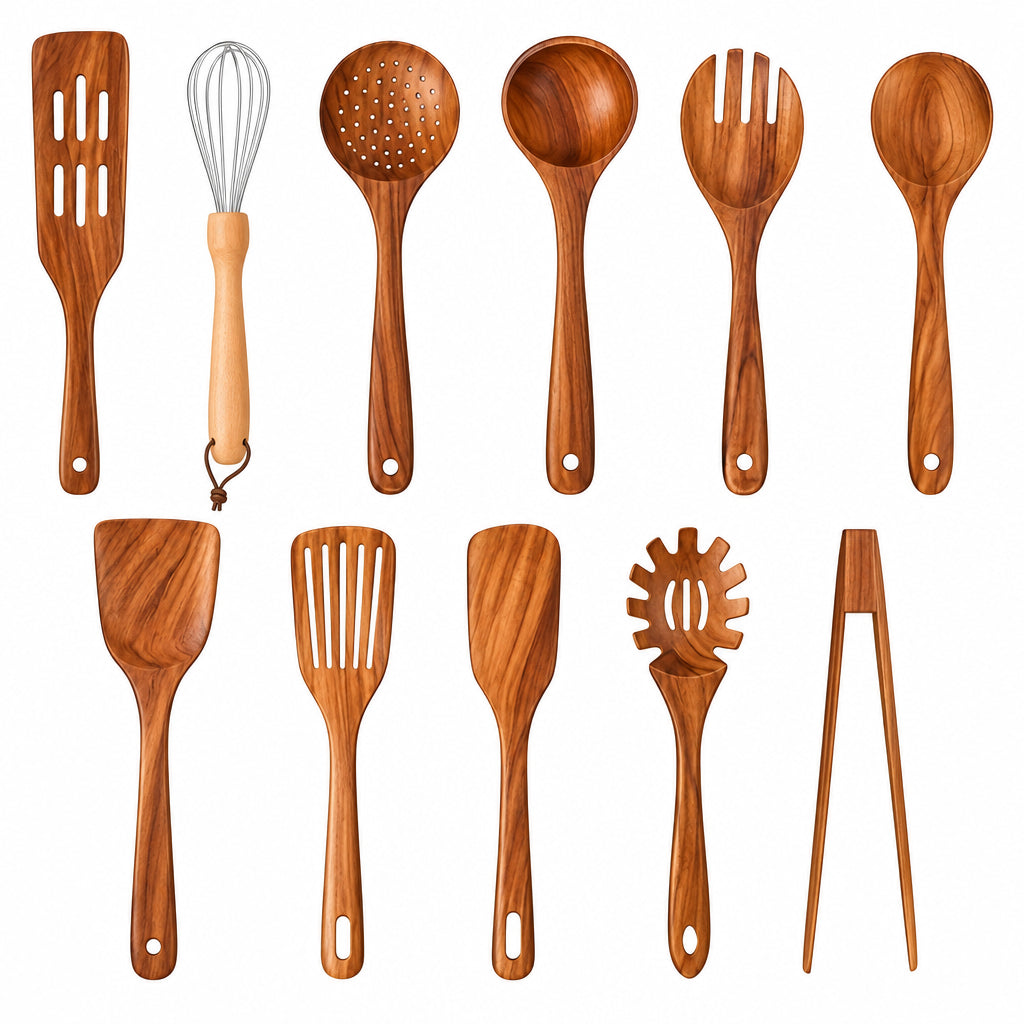 11-delige Hittebestendige Houten Keukenset – Houten Pollepels & Kookgerei voor Antiaanbakpannen – WoodChef
