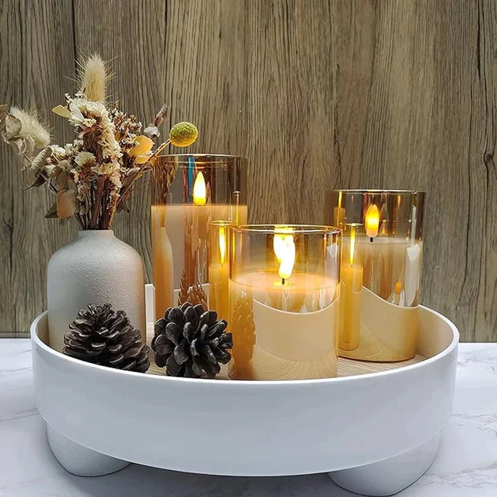 Vlamloze Kaarsenset – 3 LED Kaarsen met Afstandsbediening, Dimbaar, Sfeerverlichting in Amber, Grijs of Transparant – SerenityGlow