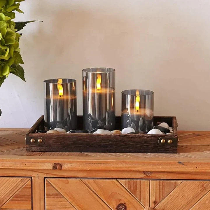 Vlamloze Kaarsenset – 3 LED Kaarsen met Afstandsbediening, Dimbaar, Sfeerverlichting in Amber, Grijs of Transparant – SerenityGlow Grijs