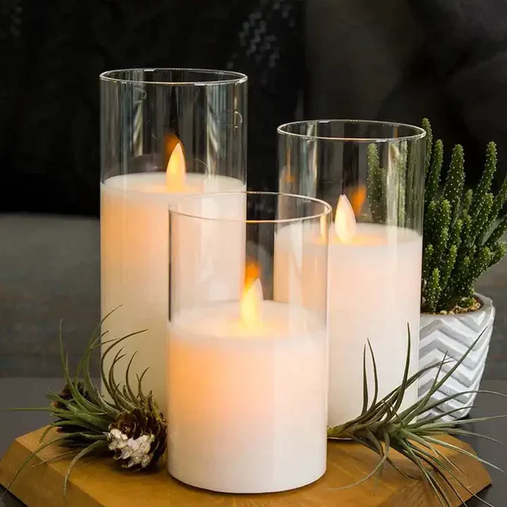 SerenityGlow | Vlamloze Kaarsenset - Set van 3 LED Kaarsen Echte Was & Timer Transparant