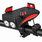 4-in-1 Fietsgadget – Telefoonhouder, Powerbank, LED Verlichting en Claxon Rood