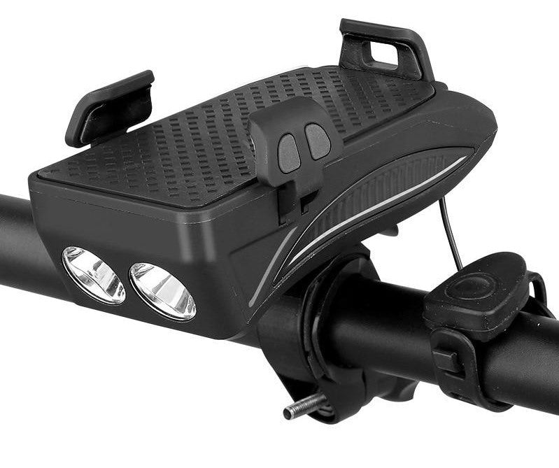 4-in-1 Fietsgadget – Telefoonhouder, Powerbank, LED Verlichting en Claxon Zwart