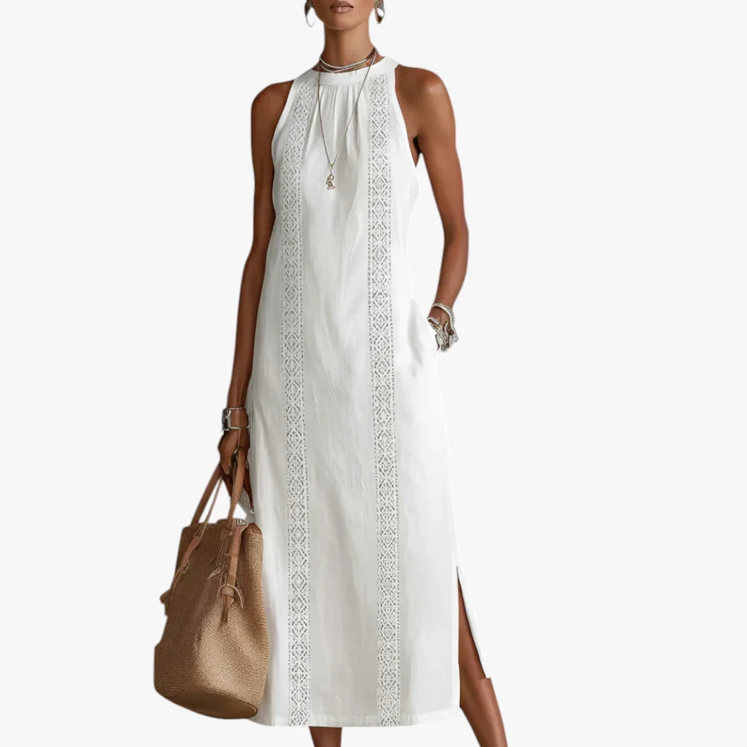 Bersh | Dames Elegante Midi Zomerjurk met Halterneck en Zijzakken Wit